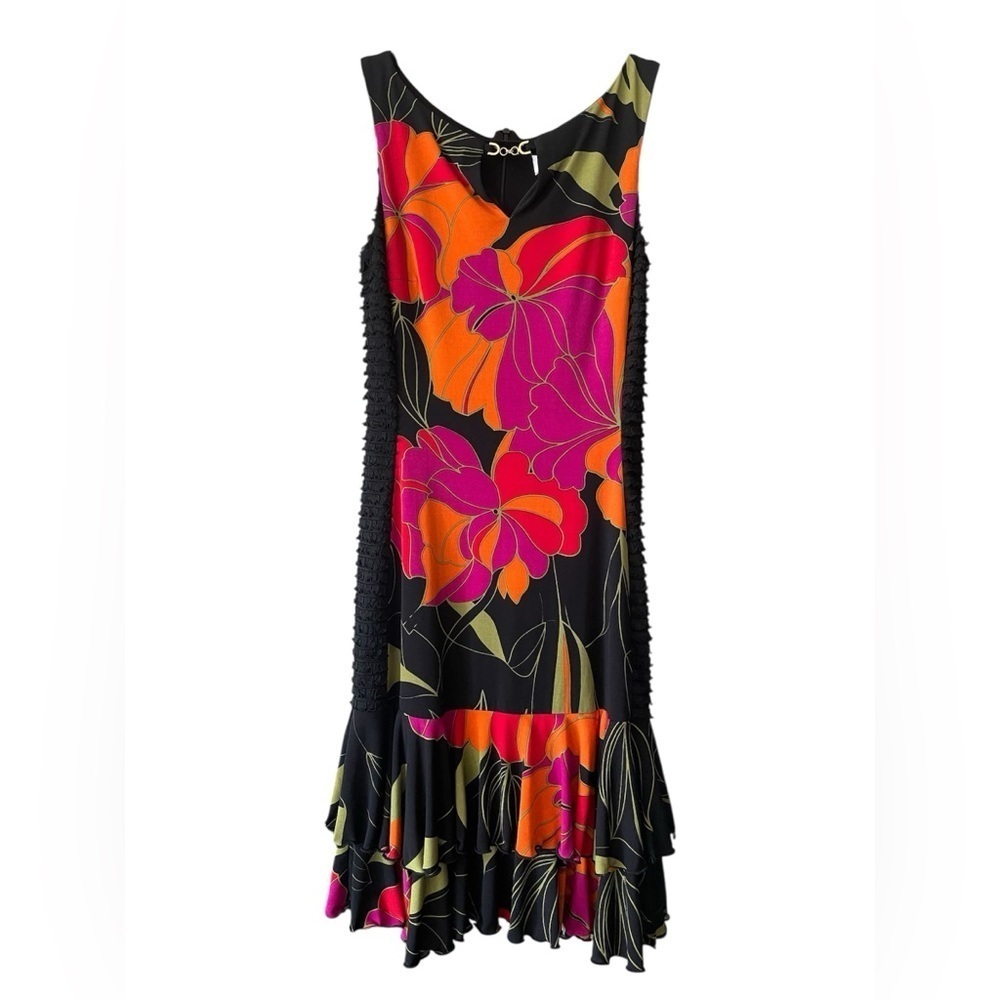 Vintage Y2K Joseph Ribkoff Black Mini Dress with Orange Pink Green Floral Size 2